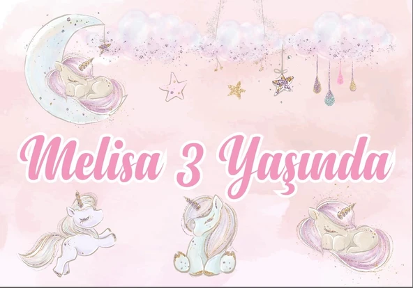 Unicornlar ve Yıldızlar Temalı Doğum Günü Afişi 70X100 cm ürün görseli 1