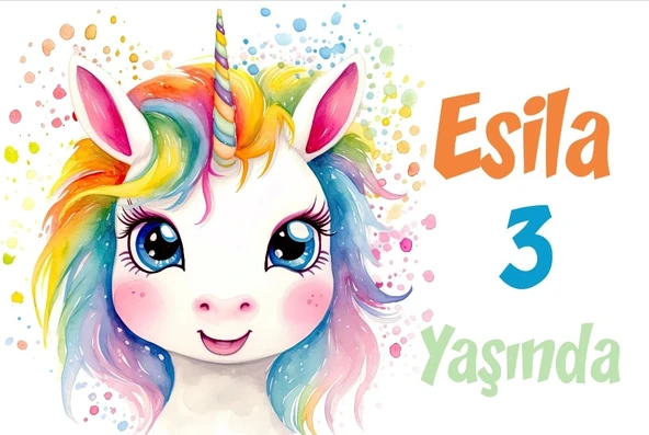 Gökkuşağı Saçlı Unicorn Temalı Doğum Günü Afişi 70X100 cm ürün görseli 1