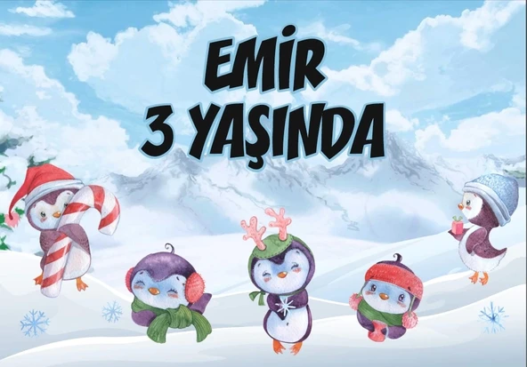 Penguen Temalı Doğum Günü Afişi 70X100 cm ürün görseli 1