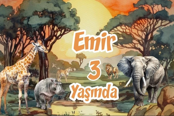 Safari Gün Batımı ve Hayvanlar Temalı Doğum Günü Afişi -1 70X100 cm ürün görseli 1