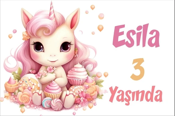 Pembe Unicorn Temalı Doğum Günü Afişi -2 70X100 cm ürün görseli 1