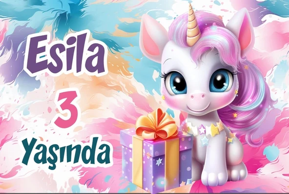 Hediye ve Unicorn Temalı Doğum Günü Afişi -2 70X100 cm ürün görseli 1