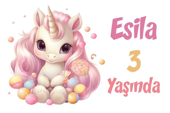 Pembe Unicorn Temalı Doğum Günü Afişi -6 70X100 cm ürün görseli 1