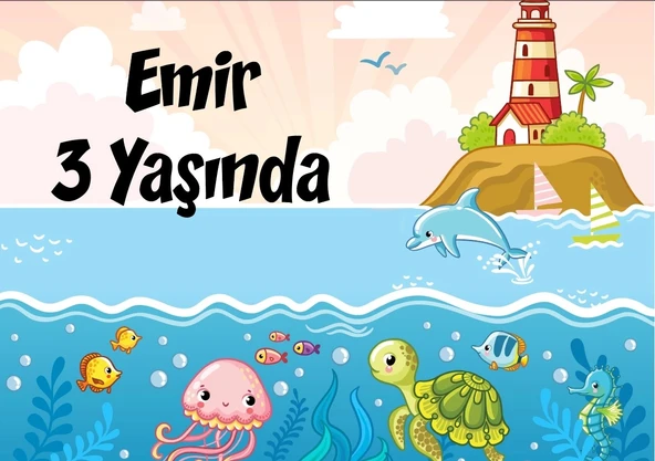 deniz ve deniz altı temalı doğum günü afişi 70X100 cm ürün görseli 1