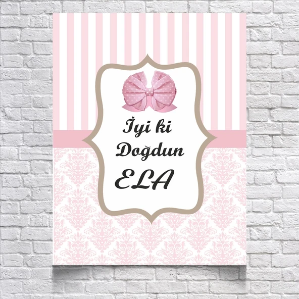 Pembe Çizgili ve Damask Desenli Doğum Günü Afişi 100X150 cm ürün görseli 1