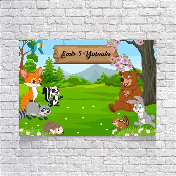 Orman ve Hayvanlar Temalı Doğum Günü Afişi 100X150 cm ürün görseli 1