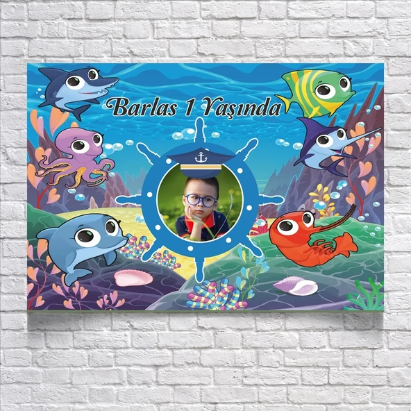 DENİZ VE BALIK TEMALI DOĞUM GÜNÜ AFİŞİ 100X150 cm ürün görseli 1