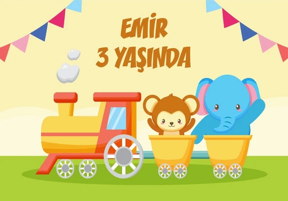 Hayvanlar ve Tren Temalı Doğum Günü Afişi 70X100 cm ürün görseli 1