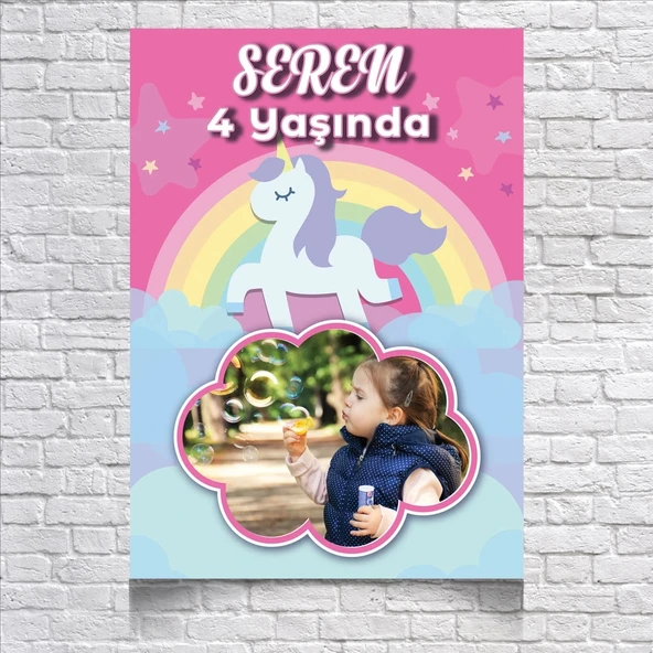 UNICORN TEMALI DOĞUM GÜNÜ AFİŞİ 100X150 cm ürün görseli 1