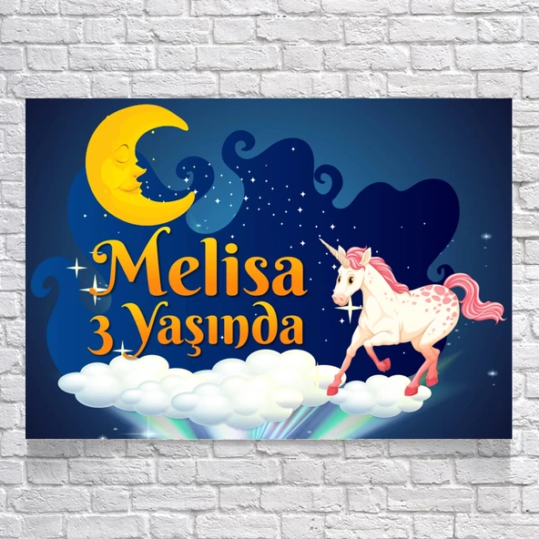 Unicorn ve Ay Temalı Doğum Günü Afişi 100X150 cm ürün görseli 1