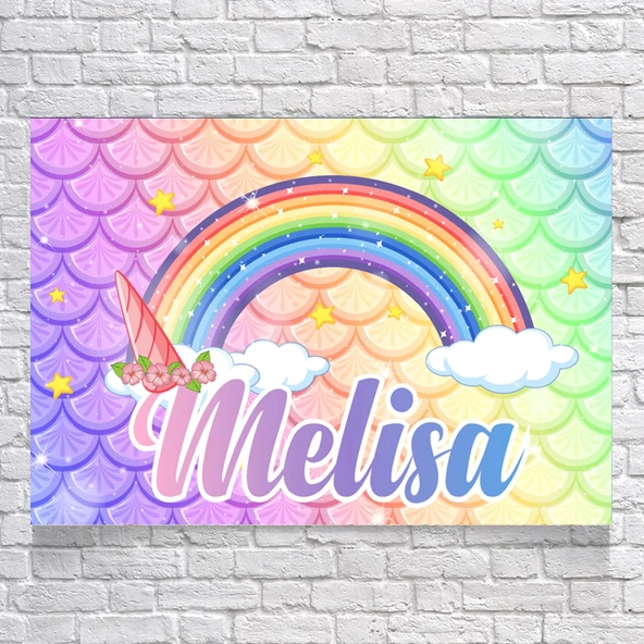 Unicorn ve Gökkuşağı Temalı Doğum Günü Afişi 100X150 cm ürün görseli 1