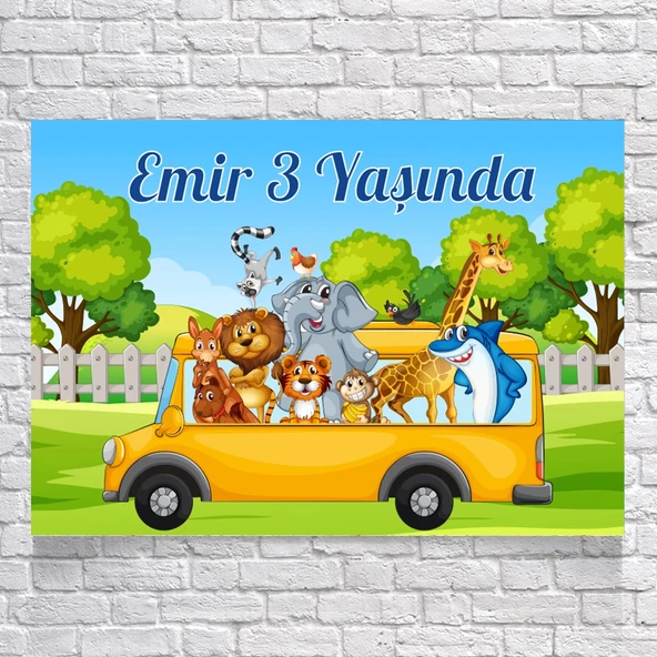 Safari Otobüs Temalı Doğum Günü Afişi 100X150 cm ürün görseli 1