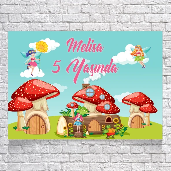 Peri ve Mantar Ev Temalı Doğum Günü Afişi 100X150 cm ürün görseli 1