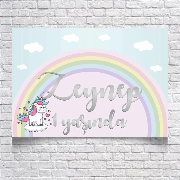 Unicorn ve Gökkuşağı Temalı Doğum Günü Afişi 100X150 cm ürün görseli 1