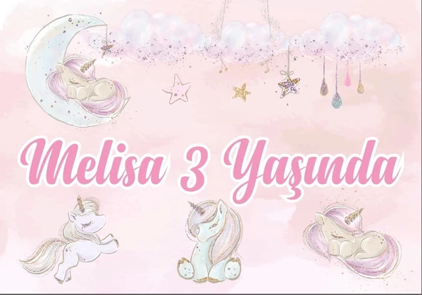 Unicornlar ve Yıldızlar Temalı Doğum Günü Afişi 100X150 cm ürün görseli 1