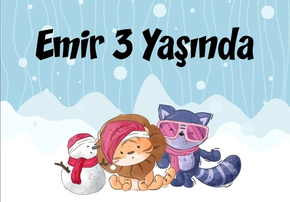 Sevimli Hayvanlar Kış Temalı doğum Günü Afişi 100X150 cm ürün görseli 1