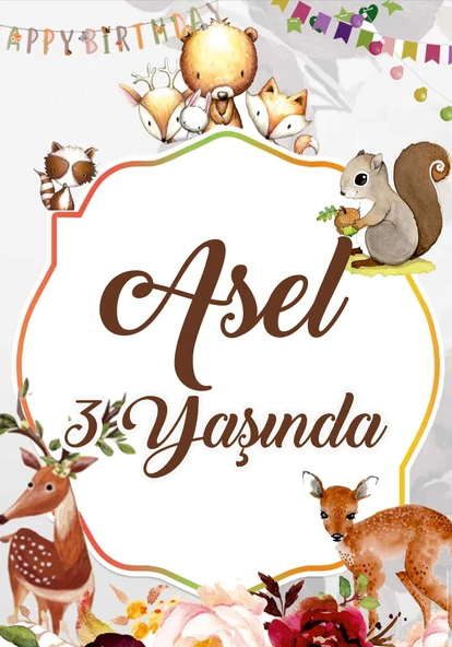 Sincap ve Sevimli Hayvanlar Temalı Doğum Günü Afişi 100X150 cm ürün görseli 1