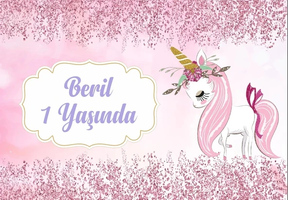 Pembe Unicorn Temalı Doğum Günü Afişi 100X150 cm ürün görseli 1