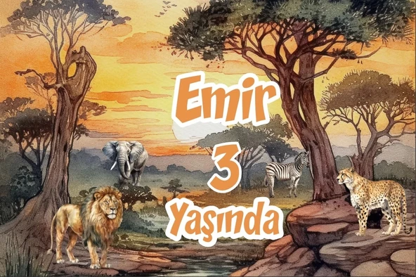 Safari Gün Batımı ve Hayvanlar Temalı Doğum Günü Afişi 100X150 cm ürün görseli 1