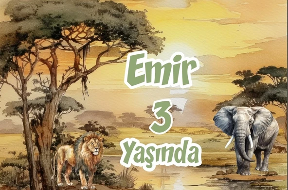 Safari Aslan ve Fil Temalı Doğum Günü Afişi 100X150 cm ürün görseli 1