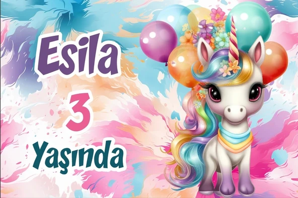 Balonlar ve Unicorn Temalı Doğum Günü Afişi 100X150 cm ürün görseli 1