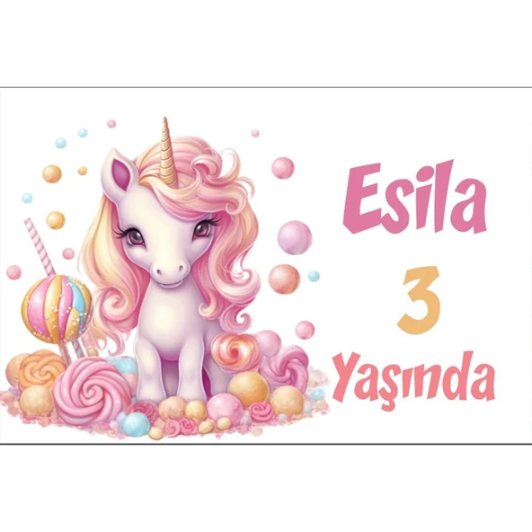 Pembe Unicorn Temalı Doğum Günü Afişi -3 100X150 cm ürün görseli 1