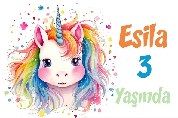 Gökkuşağı Saçlı Unicorn Temalı Doğum Günü Afişi -2 100X150 cm ürün görseli 1