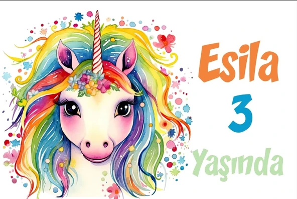 Gökkuşağı Saçlı Unicorn Temalı Doğum Günü Afişi -1 100X150 cm ürün görseli 1