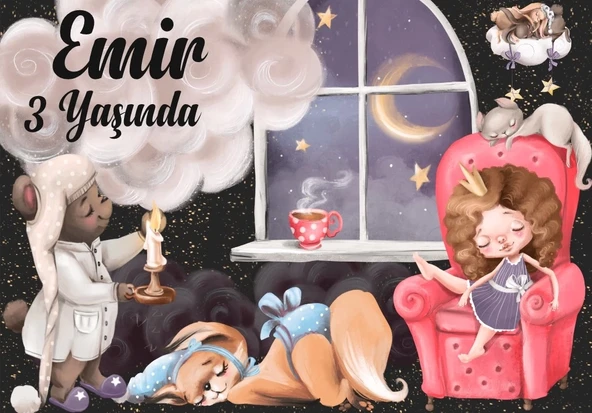 Uyuyan Hayvanlar Temalı Doğum Günü Afişi 100X150 cm ürün görseli 1