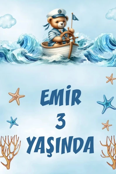 Denizci Ayıcık Temalı Doğum Günü Afişi -4 100X150 cm ürün görseli 1