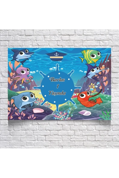 DENİZ VE BALIK TEMALI DOĞUM GÜNÜ AFİŞİ 100X150 cm ürün görseli 1