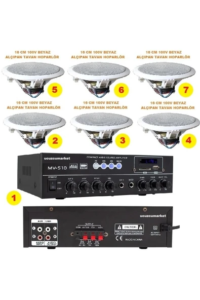 Tavan Hoparlör Seti (1 Adet Amfi + 6 Adet 100V 16 cm ) ürün görseli 1