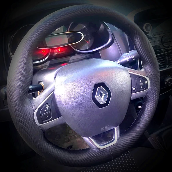 DİKİŞLİ DİREKSİYON KILIFI KARBON DERİ SİYAH DİKİŞLİ RENAULT CLİO İÇİN ürün görseli 1