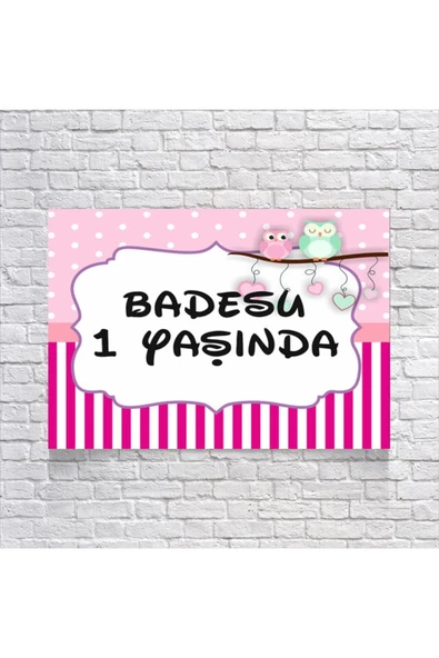 Pembe Çizgili Baykuşlu Doğum Günü Afişi 50X70 cm ürün görseli 1