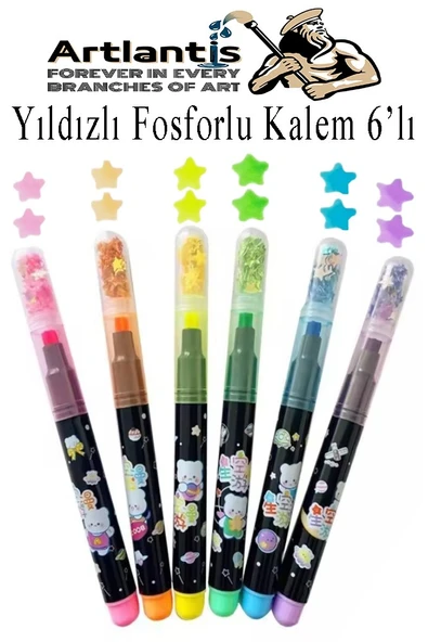 Yıldızlı Fosforlu Kalem 6 Renk 1 Paket Yıldız Baskılı İşaret Kalemi Pullu Yıldız Şekilli Damga Kalemi Sevimli Mühürlü ürün görseli 1