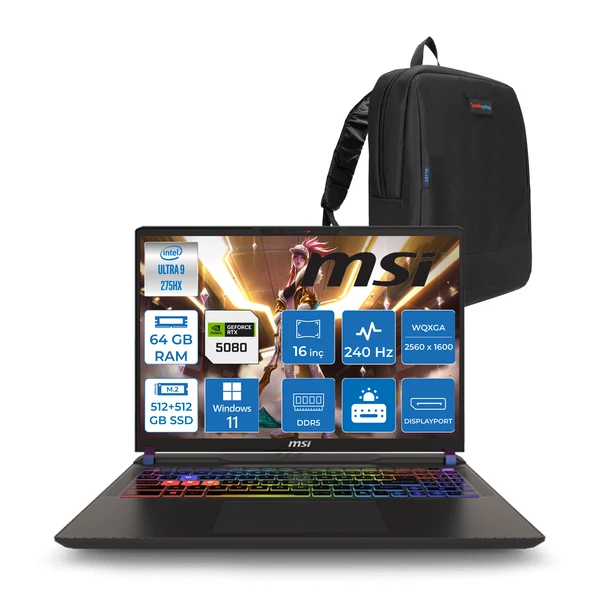 Msı Vector 16 Hx Aı WA2XWIG-090XTR Ultra 9 275HX Aı 64GB GB 512GB SSD+512GB SSD 16GB/RTX5080 Gddr7 175W 16" Qhd+ (2560X1600) 240HZ WIN11PRO Gaming Laptop WA2XWIG090XTRW26+ZETTAÇANTA ürün görseli 1