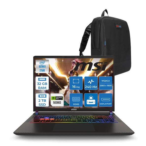 Msı Vector 16 Hx Aı WA2XWIG-090XTR Ultra 9 275HX Aı 32GB GB 2tb SSD 16GB/RTX5080 Gddr7 175W 16" Qhd+ (2560X1600) 240HZ Freedos Gaming Laptop WA2XWIG090XTRF13+ZETTAÇANTA ürün görseli 1