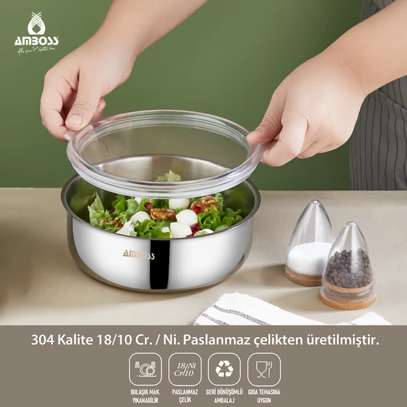 Amboss SteelBox 2 Parça Paslanmaz Çelik Şeffaf Kapaklı Saklama Kabı 18 cm ürün görseli 1