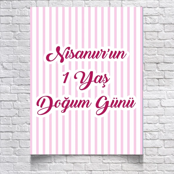 Pembe Çizgili Doğum Günü Afişi 50X70 cm ürün görseli 1