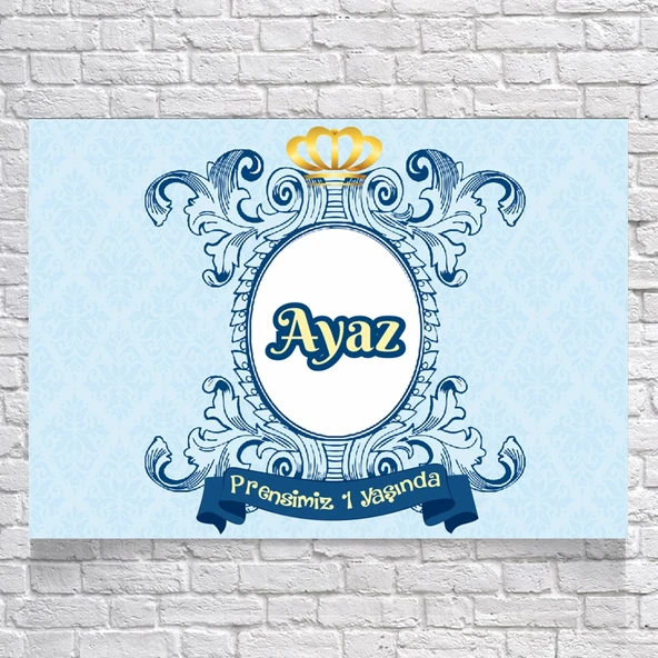 MAVİ DAMASK DESENLİ DOĞUM GÜNÜ AFİŞİ 50X70 cm ürün görseli 1