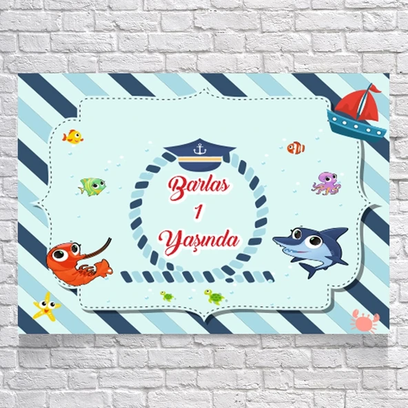 DENİZ VE BALIK TEMALI DOĞUM GÜNÜ AFİŞİ 35X50 cm ürün görseli 1
