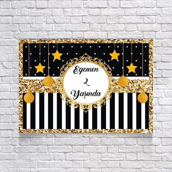 Siyah Beyaz Çizgili Gold Çerçeveli Doğum Günü Afişi 50X70 cm ürün görseli 1