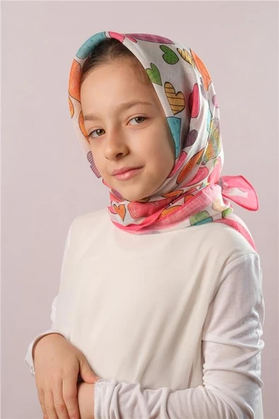 Şarabi Dijital Baskılı Çocuk Tesettür Eşarp Pamuk Polyester Renkli Kalp Desenli 6003_08 ürün görseli 1