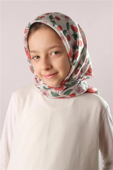 Kiremit Dijital Baskılı Çocuk Tesettür Eşarp Pamuk Polyester Vişne Desenli 6001_05 ürün görseli 1