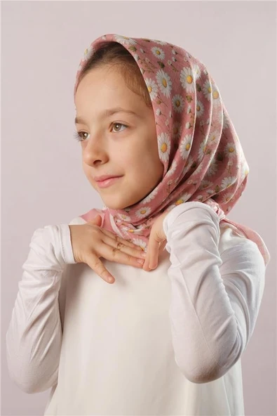 Gül Kurusu Dijital Baskılı Çocuk Tesettür Eşarp Pamuk Polyester Papatya Desenli 6003_18 ürün görseli 1