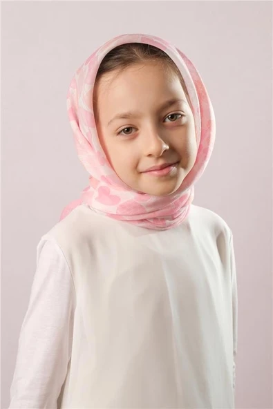 Pudra Dijital Baskılı Çocuk Tesettür Eşarp Pamuk Polyester Kalp Desenli 6003_06 ürün görseli 1