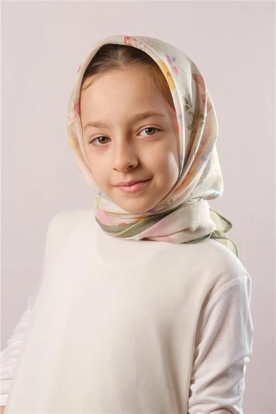 Haki Dijital Baskılı Çocuk Tesettür Eşarp Pamuk Polyester Çiçek Desenli 6002_09 ürün görseli 1