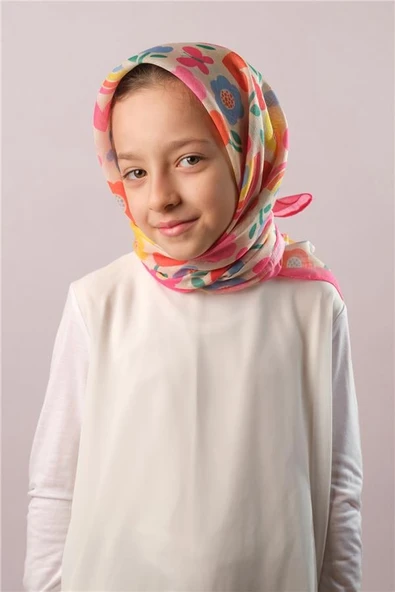 Pembe Dijital Baskılı Çocuk Tesettür Eşarp Pamuk Polyester Çiçek Desenli 6003_04 ürün görseli 1