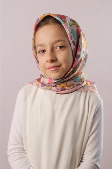 Violet Dijital Baskılı Çocuk Tesettür Eşarp Pamuk Polyester Renkli Kalp Desenli 6003_21 ürün görseli 1
