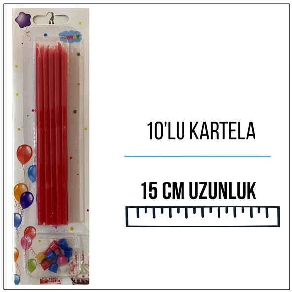 Pastel Kırmızı Uzun Pasta Mumu 15 cm 10'lu ürün görseli 1